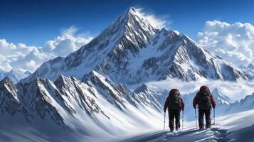 Adventurers trekking snowy mountain path on a clear day photo