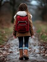 Child walking on a forest path in autumn with a backpack photo