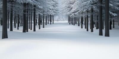 Snowy forest landscape with tall trees in winter season photo