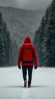 Person walks through snowy landscape in winter forest photo