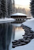 Cozy cabin by the serene river in winter landscape setting photo