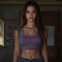 Young woman stands confidently in rustic room photo