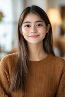 Young woman smiling warmly in cozy indoor setting photo