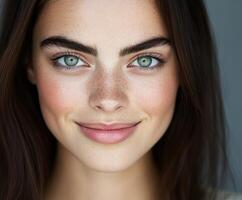 Smiling young woman with striking green eyes and freckles photo