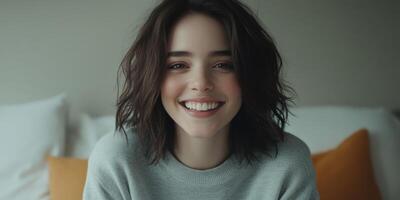 Smiling woman in cozy room during daytime photo