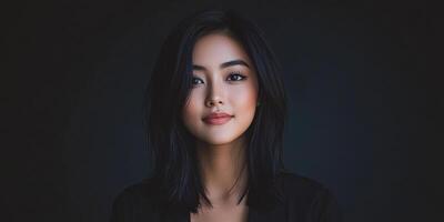Portrait of a young woman with natural makeup in a dark setting photo