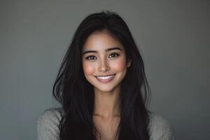 Smiling woman with long dark hair in soft lighting photo