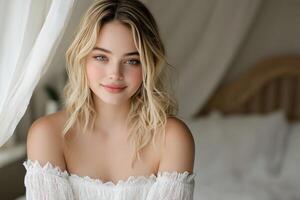 Woman with flowing hair poses in soft natural light photo