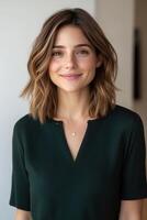 Woman with shoulder-length hair smiles warmly indoors photo