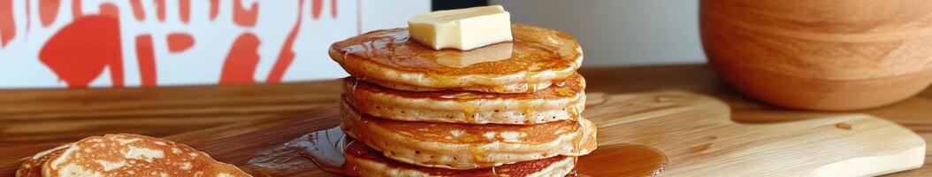 Stack of fluffy pancakes with butter and syrup on a wooden board photo