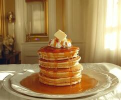 Delicious stack of pancakes with syrup and butter served warm photo