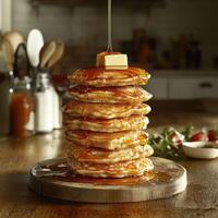 Tall fluffy pancakes with syrup and butter on wood photo