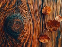 Captivating wooden surface with autumn leaves scattered photo