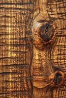 Wood surface with intricate grain patterns and knots photo