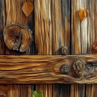 Textured wooden surface with leaves in autumn colors photo
