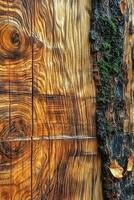 Beautiful wooden texture with moss and autumn leaves photo