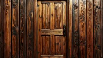 Rustic wooden door surrounded by timber wall panels photo