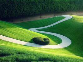 Beautifully manicured garden path winding through lush greenery photo