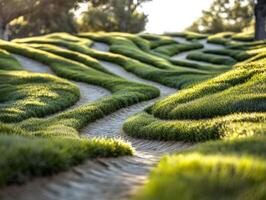 Unique grass landscape with wavy patterns at sunset photo