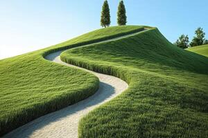 Winding path through lush green hills on a sunny day photo