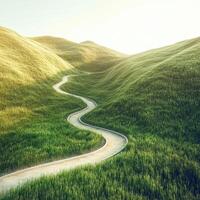 Winding path through lush green hills under bright sky photo