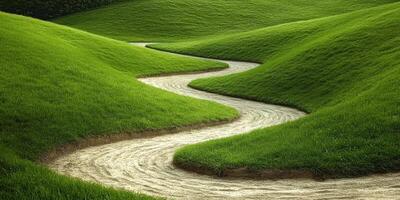 Winding path through lush green hills on a sunny day photo
