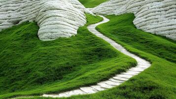 Winding path through green hills and rock formations photo