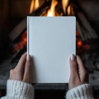 Warm cozy setting with a blank notebook and a fireplace photo
