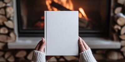 Cozy evening by the fireplace with a book in hand photo