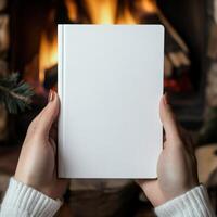 Cozy hands holding a blank notebook near a warm fireplace photo