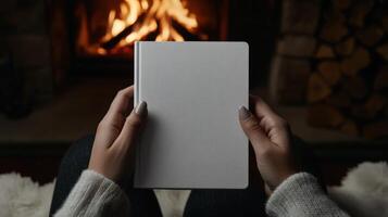 Cozy evening by the fireplace with a journal in hand photo
