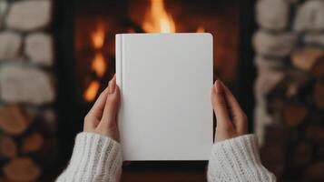 Cozy evening by the fireplace with a blank notebook photo