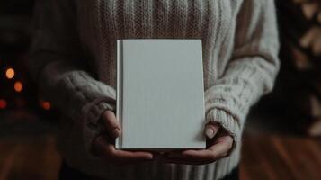 Holding a blank journal in cozy indoor setting photo