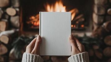 Cozy evening by the fire with a book in hand photo