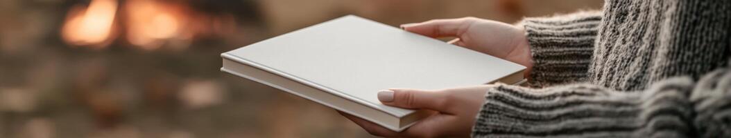 Person holding a blank book near a warm fire outside photo
