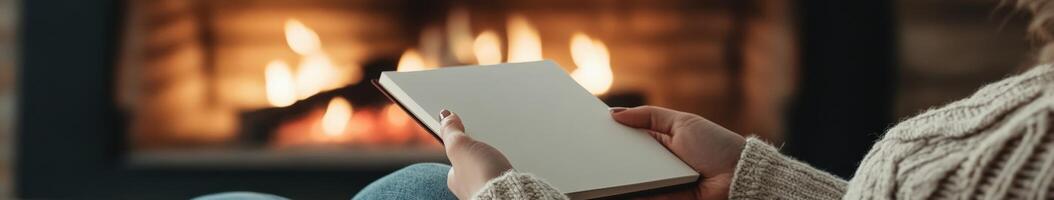 Cozy evening by the fire with a blank journal in hand photo