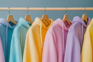 Colorful hoodies neatly arranged on a display rack photo