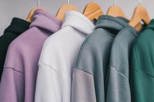 Stylish hoodies displayed on wooden hangers in a store photo