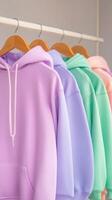 Colorful hoodies hanging on a rack in a fashion store photo