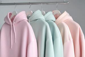 Stylish pastel hoodies hanging on a rack in a modern setting photo