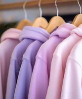 Hoodies in soft pastel colors displayed on hangers photo