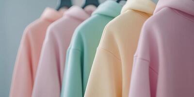 Soft pastel hoodies hanging in a stylish showcase photo
