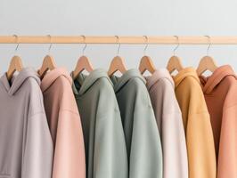 Stylish hoodies displayed on wooden hangers in soft colors photo