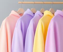 Colorful hoodies hanging on a rack indoors in a relaxed setting photo