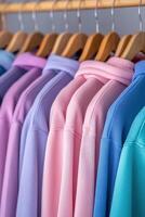 Variety of colorful shirts displayed on wooden hangers photo