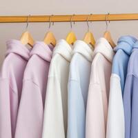 Colorful hoodies displayed on wooden hangers in a shop photo