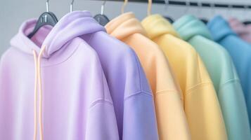 Colorful hoodies displayed in a modern clothing store photo
