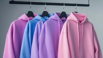 Colorful hoodies displayed on hangers in a modern setting photo