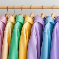 Colorful hoodies hanging on a wooden rack in a cozy setting photo