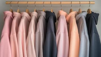 Colorful hoodies hanging on a rack in a modern wardrobe photo